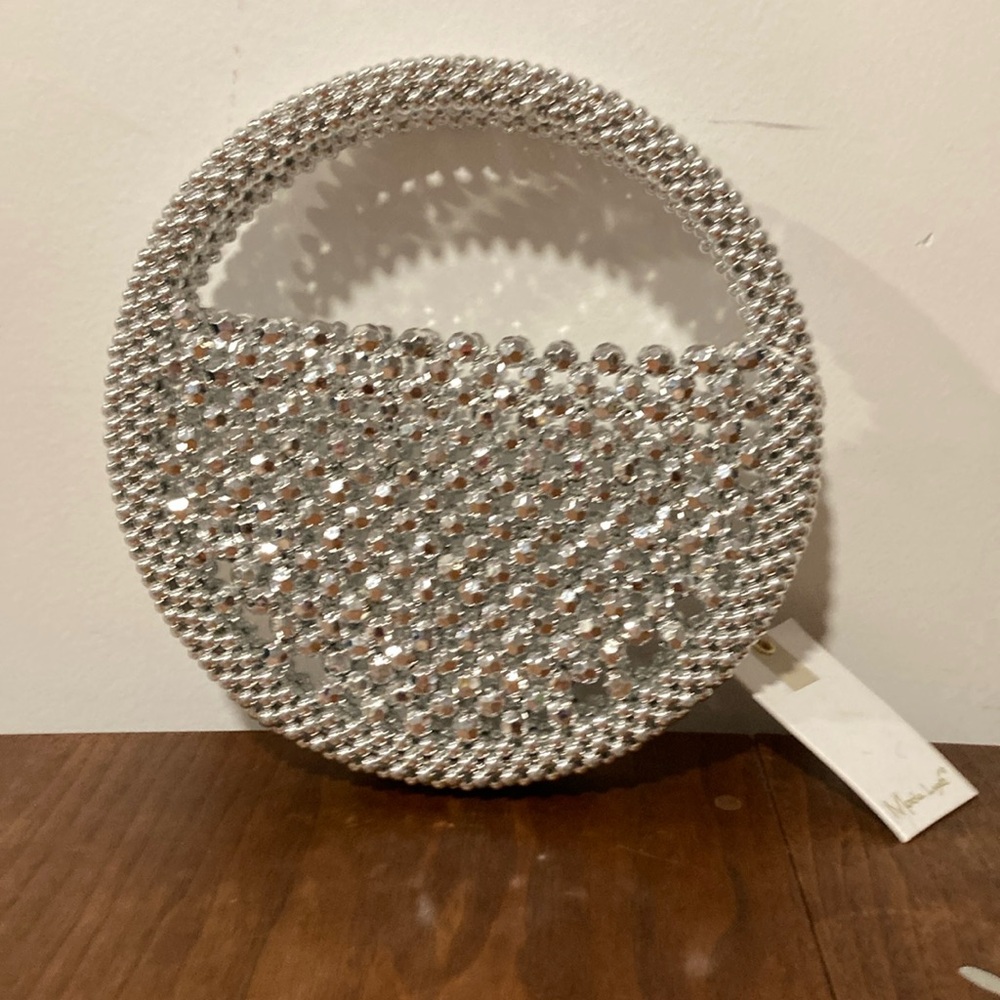 NWT Moda Luxe Vane silver beaded circle evening bag purse